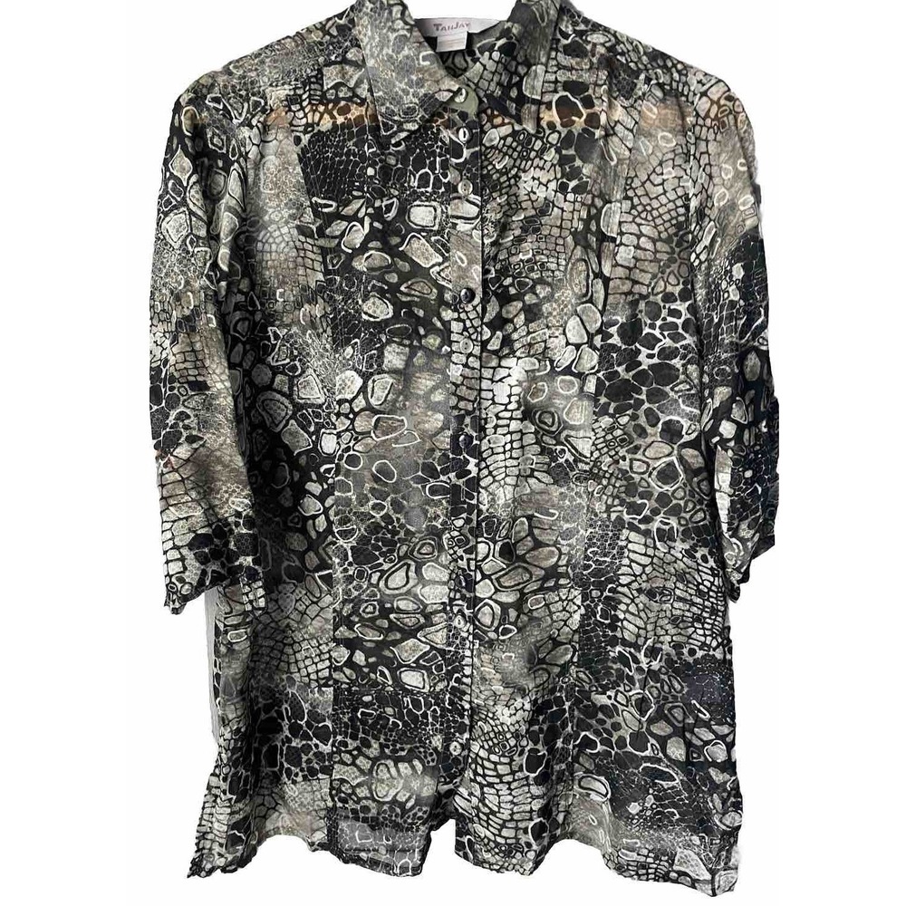Semi Sheer  Top Sz 14  3/4  SL Button Up Semi sheer Shirt Abstract Animal Boho